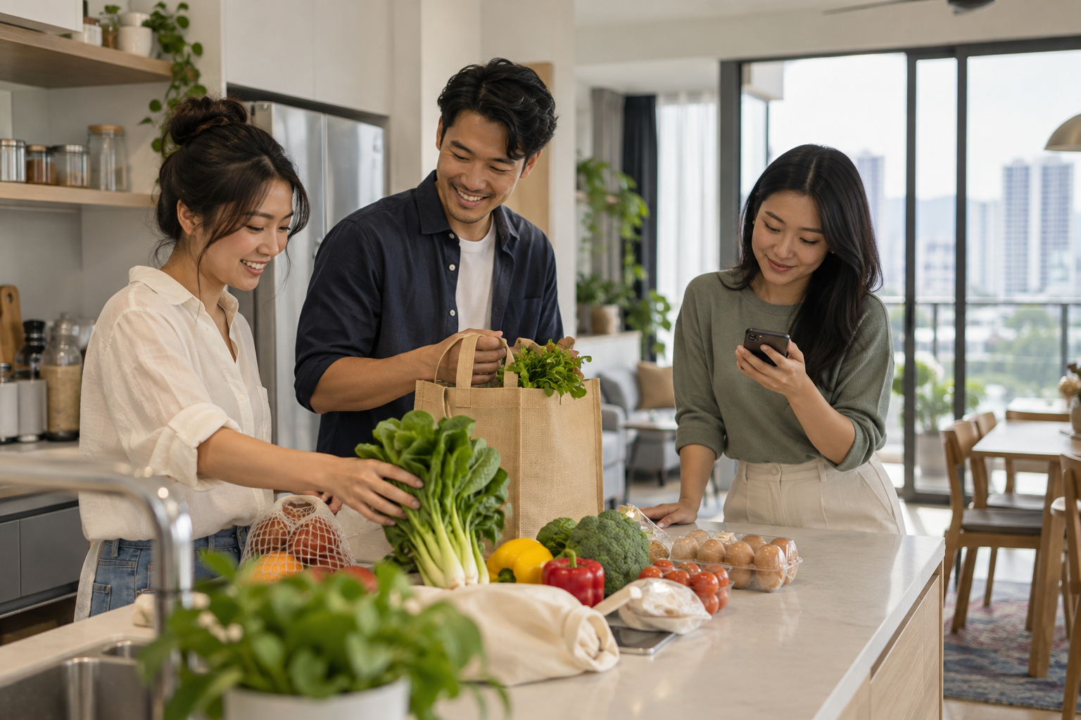 Housemates unpacking groceries together at home